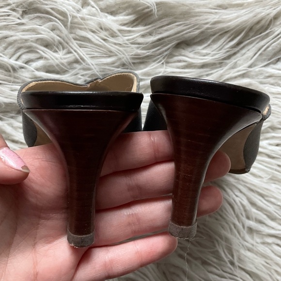 Theory V Mule Grey Cotton Canvas Leather Square Peep Toe Heeled Pump EUC Size 39 - Picture 8 of 12